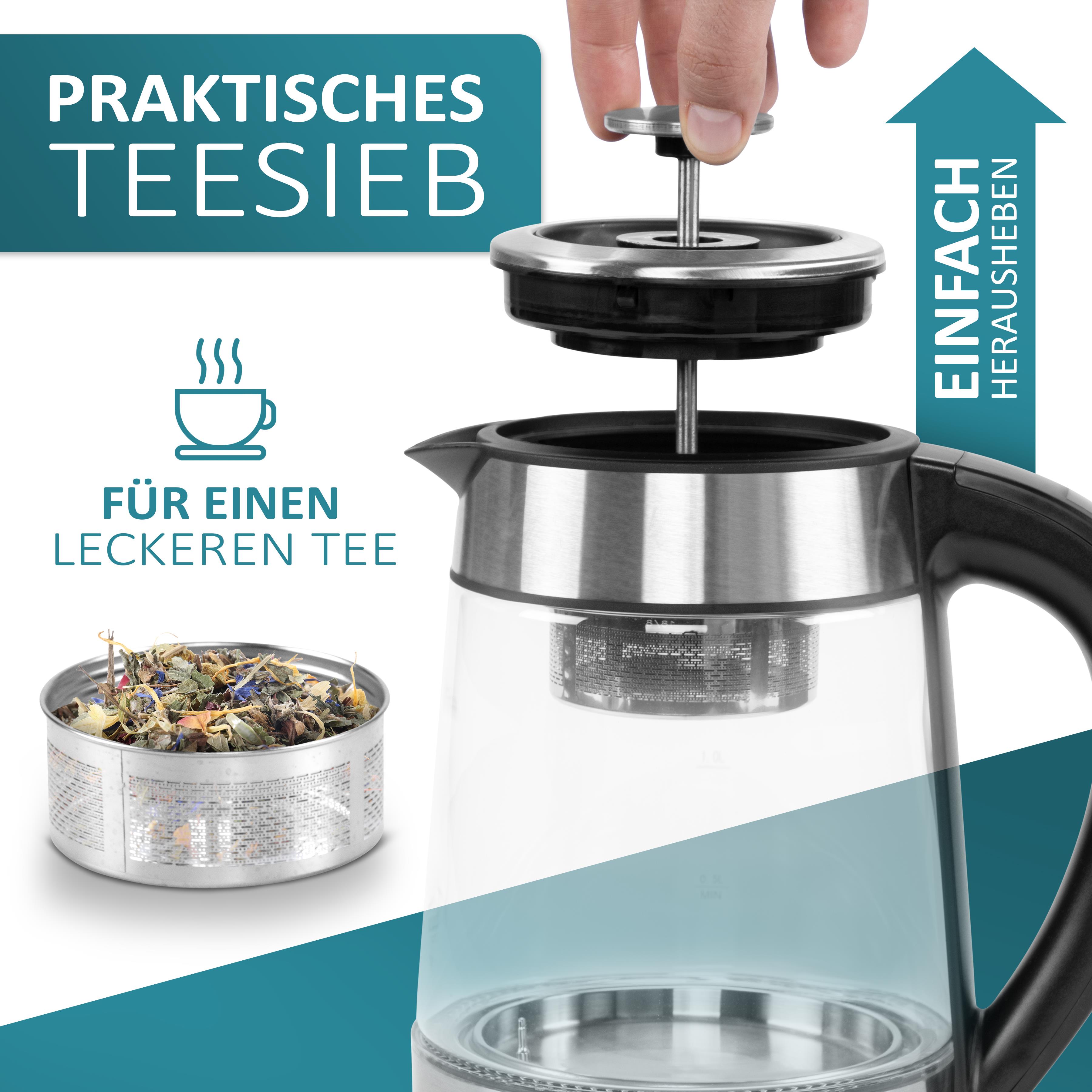 Ecosa Glas Wasserkocher m. Temperatureinstellung Teefilter LED 1.7L