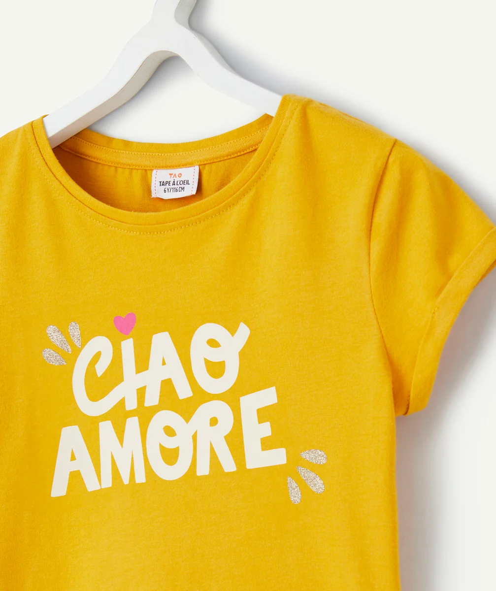 T-SHIRT MANCHES COURTES FILLE EN COTON BIO JAUNE AVEC MESSAGE 