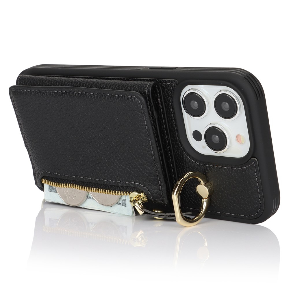 iPhone 14 Pro Max Necklace Leder Hülle mit Münzfach und Kartenfächer   Finger Griff Halterung   Handykette - Schwarz