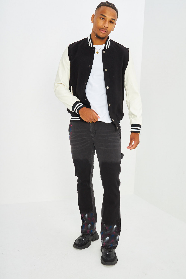 Bomber noir en simili cuir et laine