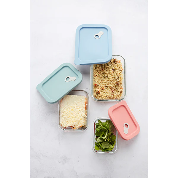 Boite rectangle en verre avec couvercle en silicone bleu 1 L Point Vir