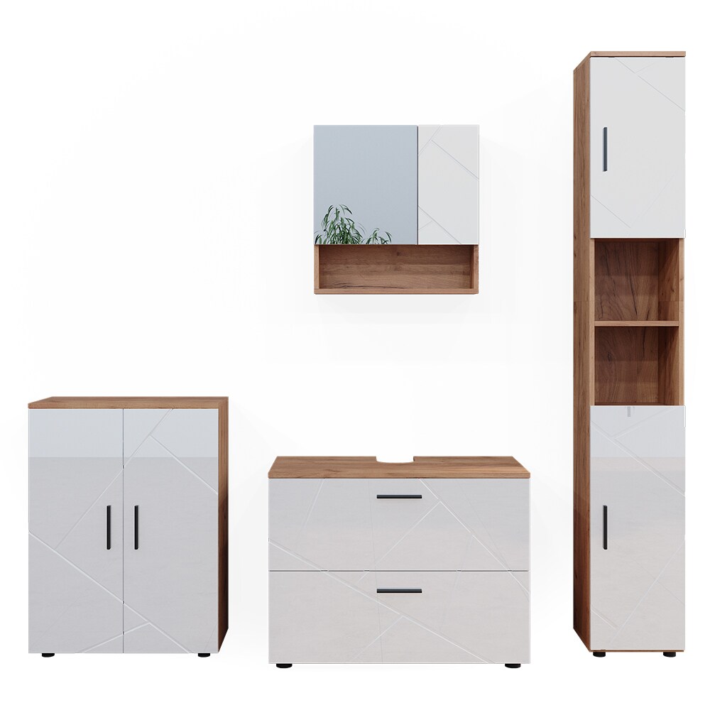 Vicco Badmöbelset Irma Eiche Weiß Hochglanz modern Badezimmerschrank Badschrank Badezimmermöbel Waschtischunterschrank Spiegelschrank Kommode Hochschrank Schrankschublade Schranktür Schrankfach