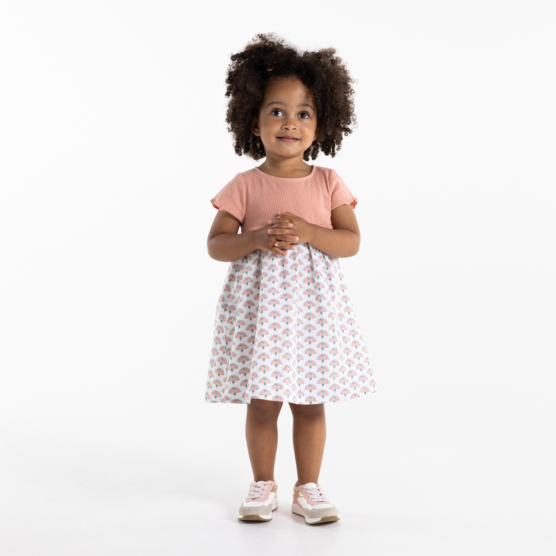 Robe bi-matière imprimée paons rose bébé fille