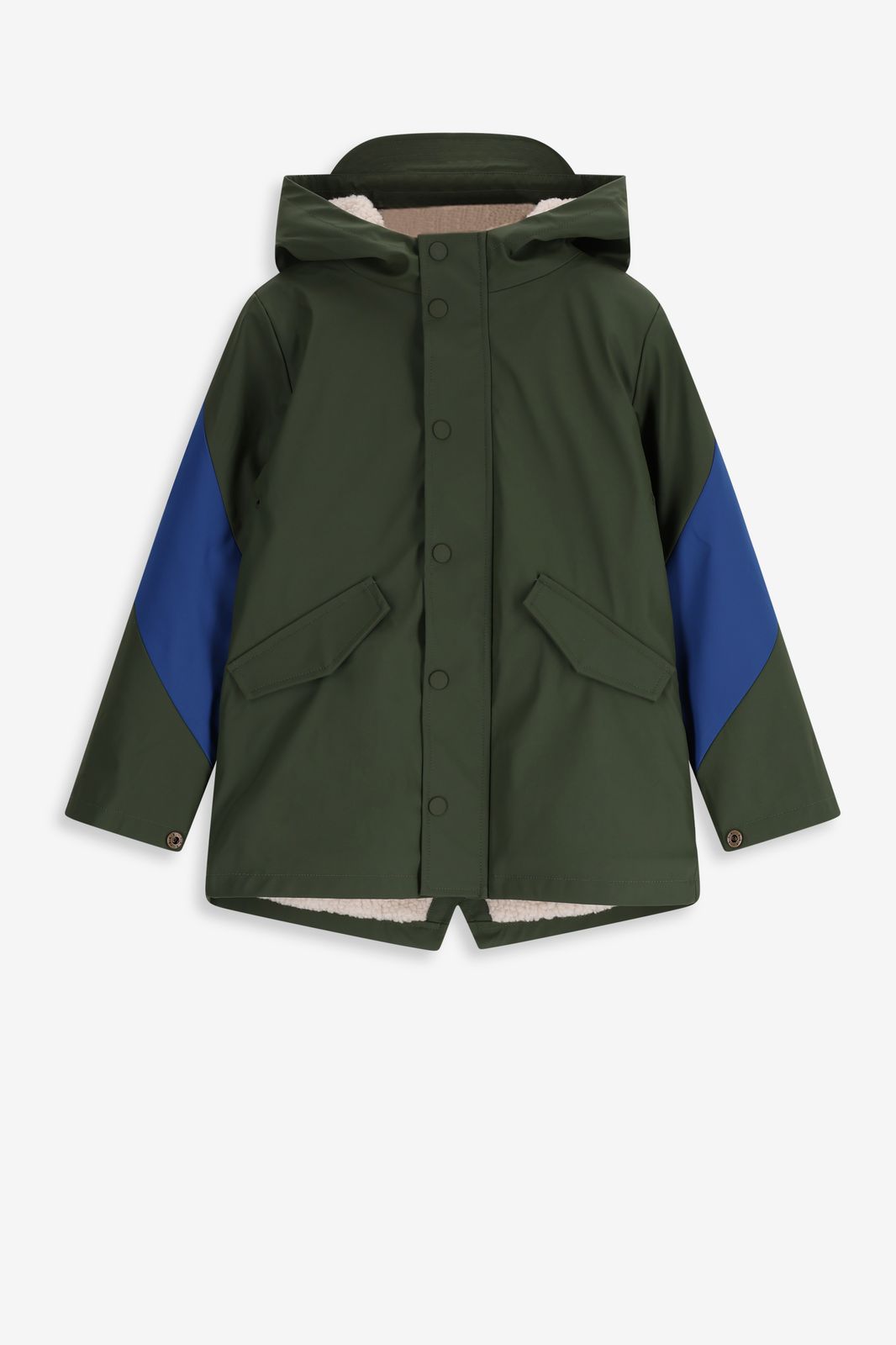Donkergroene lange regenjas met colourblock