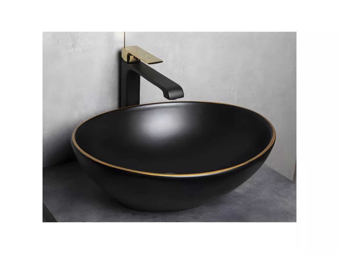 Vasque à poser ovale en céramique FORMOZA noir liseré doré 41.5 x 33.5 cm