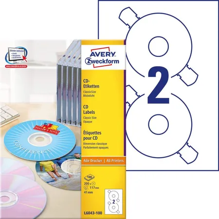 Avery Zweckform L6043-100 CD-Etiketten ClassicSize,A4 Ø 117 mm, 100 Bogen/200 Etiketten, weiß