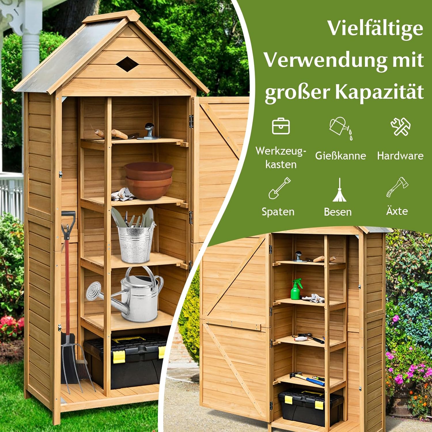 GOPLUS Gartenhaus Holz, 80 x 35 x 176 cm Geräteschuppen mit Satteldach & Ablagen & Schloss, Gerätehaus wetterfest, Gartenschrank Gartenhütte Holzhütte Gartenschuppen für Terrasse & Balkon