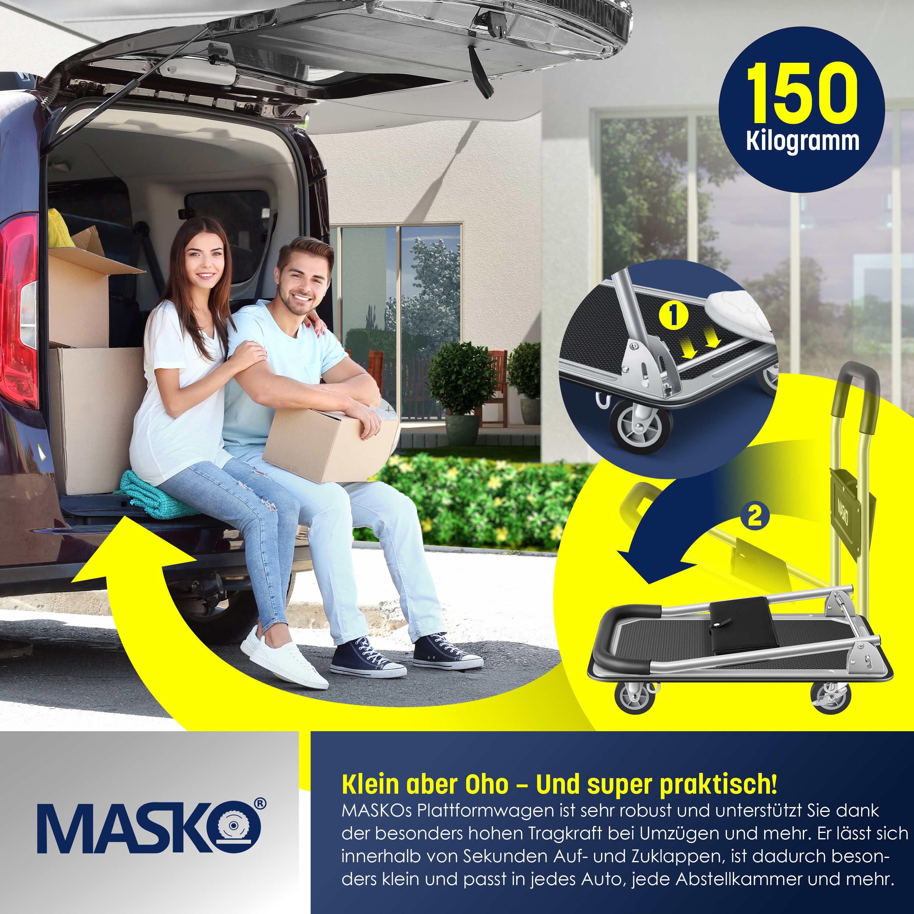 MASKO® Plattformwagen Transportwagen Lagerwagen Klappbar Inkl. Arbeitshandschuhe | Feststellbremse Transporthilfe | Mit 6 Sicherungsösen | 360° Lenkrollen | Paketwagen Klappwagen