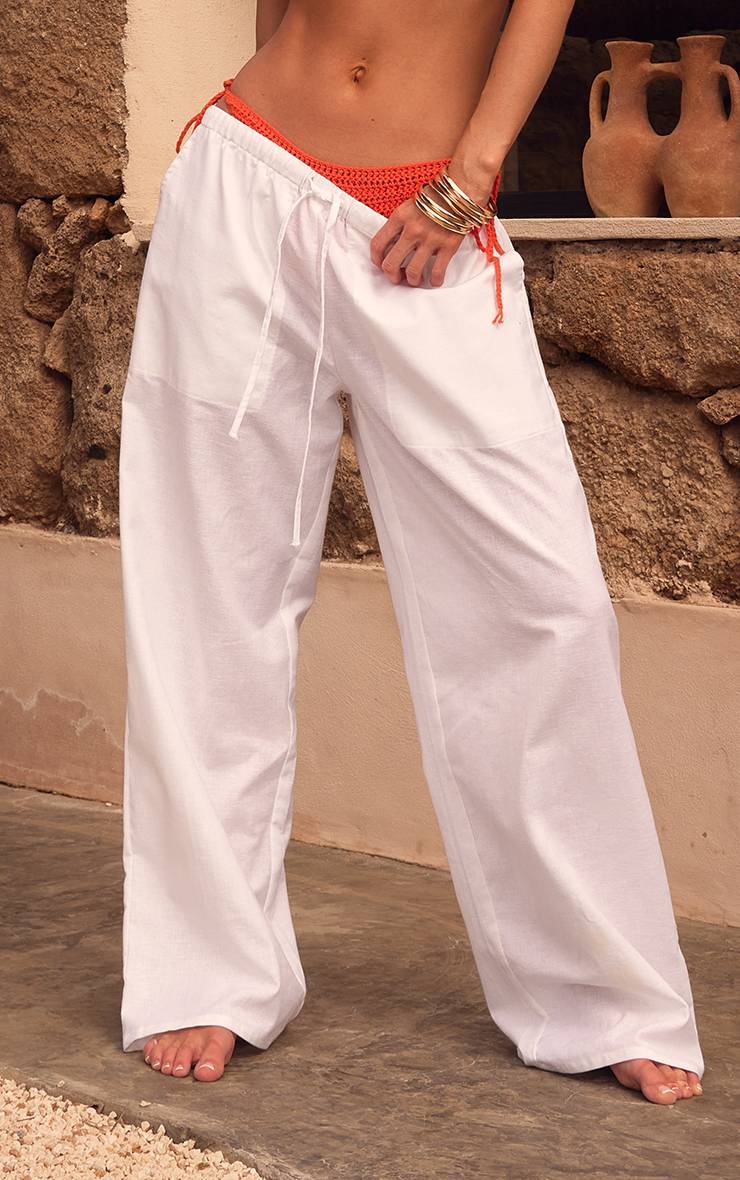 Blanc Pantalon En Lin À Taille Coulissée