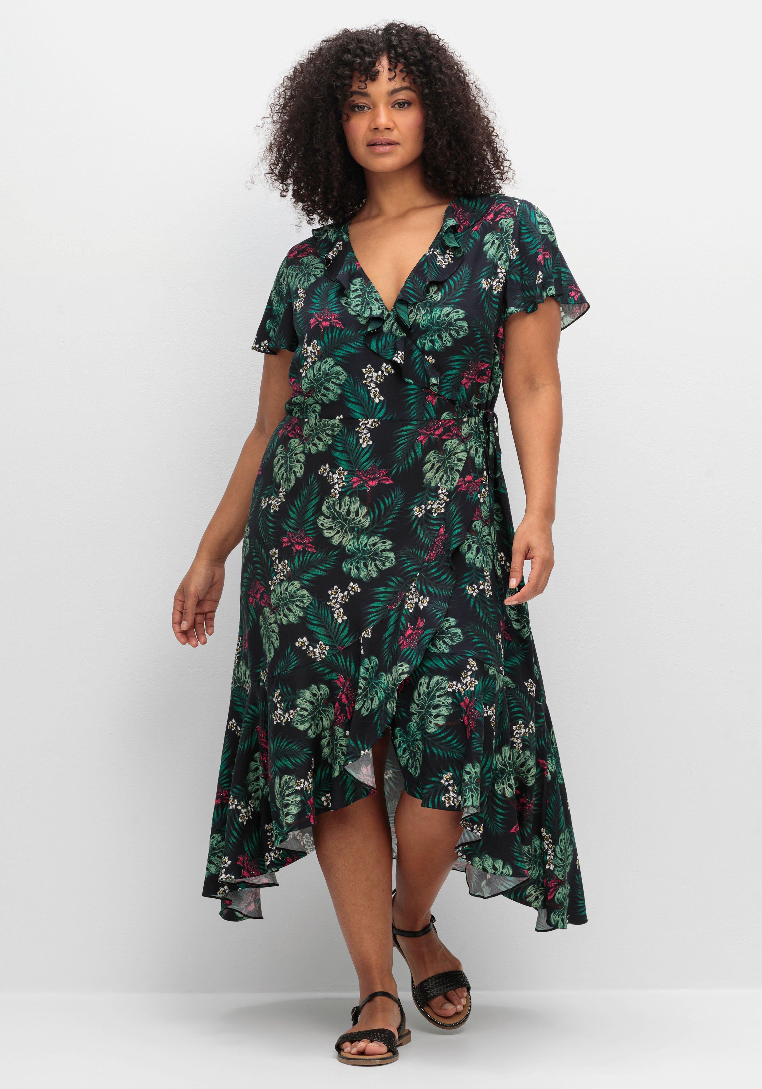 Wickelkleid mit Tropenprint und Volant