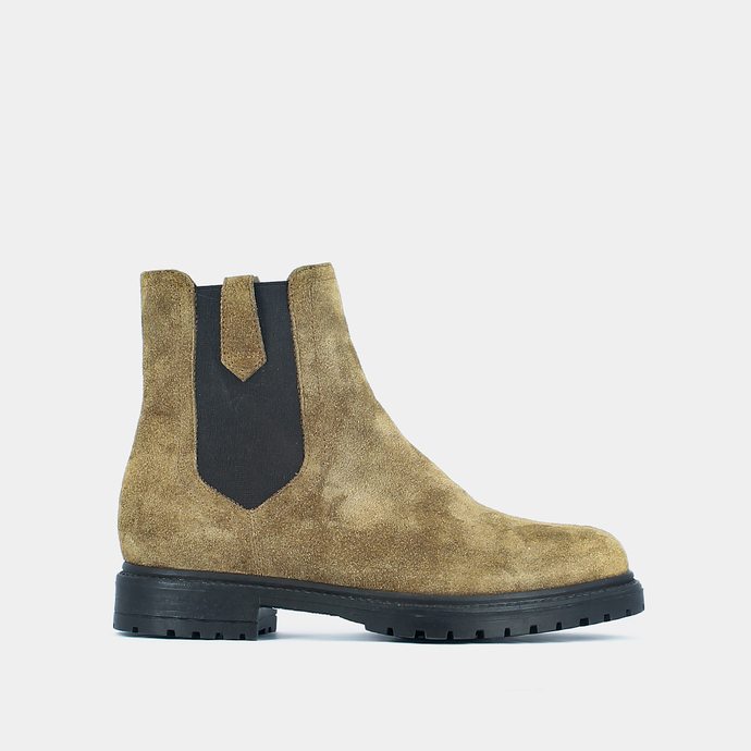 Bottines à semelles crantées et élastiques  en croute taupe