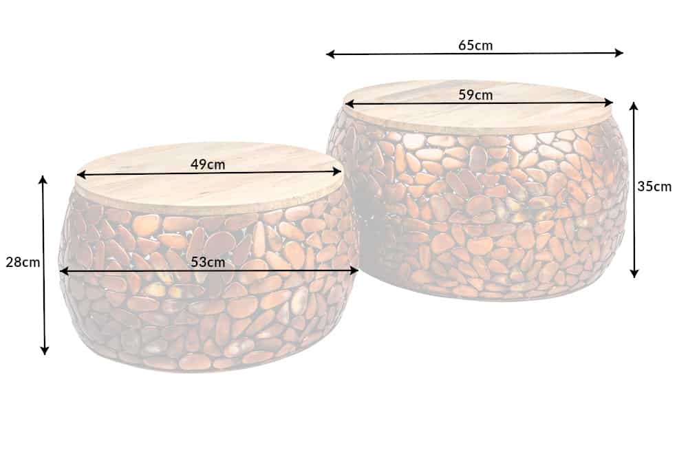 2er Set Runde Couchtische STONE MOSAIC 65cm kupfer Mangoholz Metall Mosaik Design handmade
