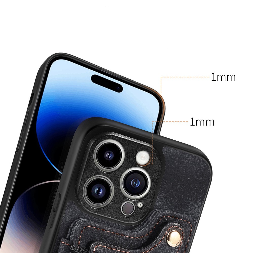 iPhone 14 Pro Necklace Leder Hülle mit Kartenfächer   Finger Griff Halterung   Handykette (RFID Schutz) - Schwarz
