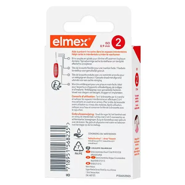 Elmex - Escovas Interdentais Tamanho 2 - 0,9 mm - Pacote com 8 escovas