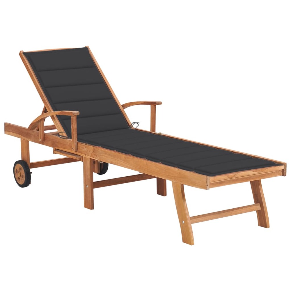 Transat chaise longue bain de soleil lit de jardin terrasse meuble d'extérieur avec coussin anthracite bois de teck solide 02