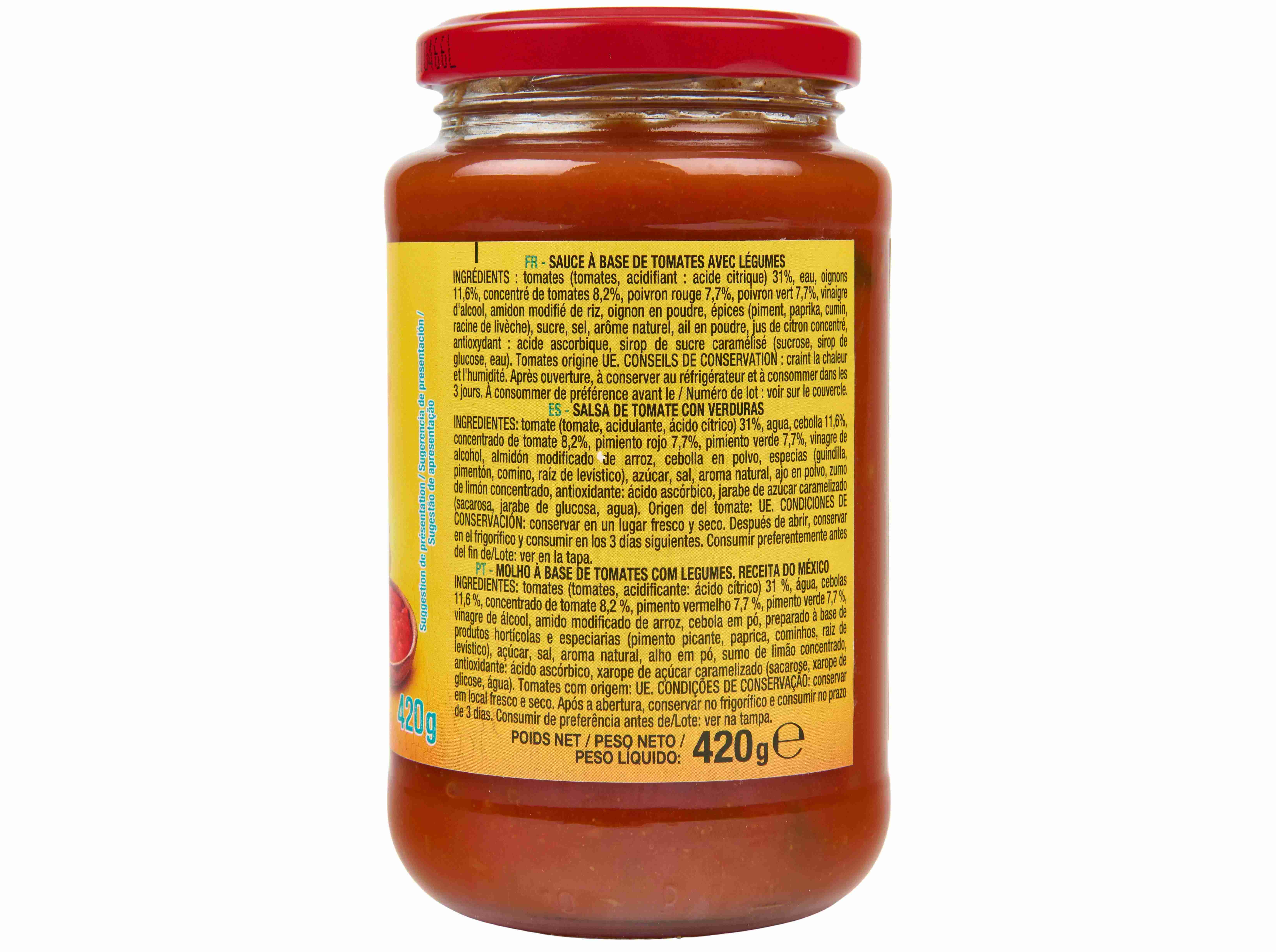 MOLHO A BASE DE TOMATE AUCHAN:C/LEGUMES SALSA FAJITA 420 G