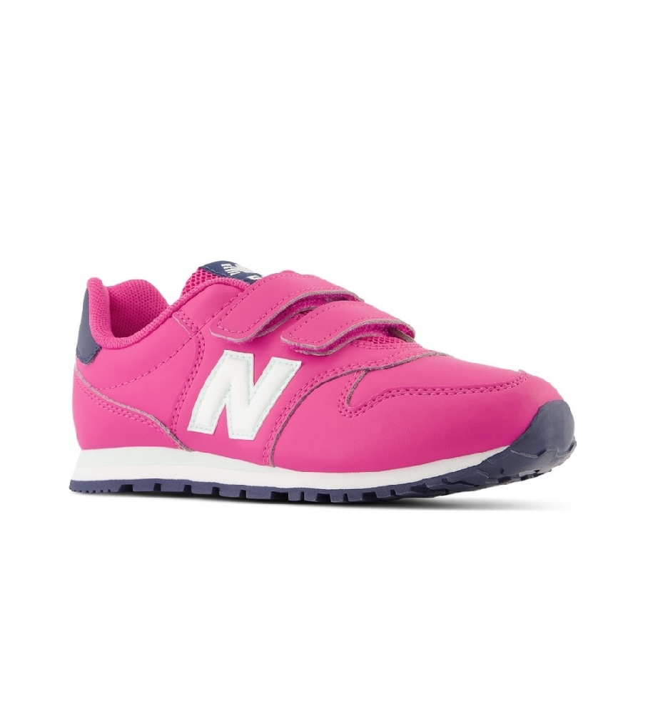 Tênis New Balance 500 com fecho de velcro, cor rosa carnaval.