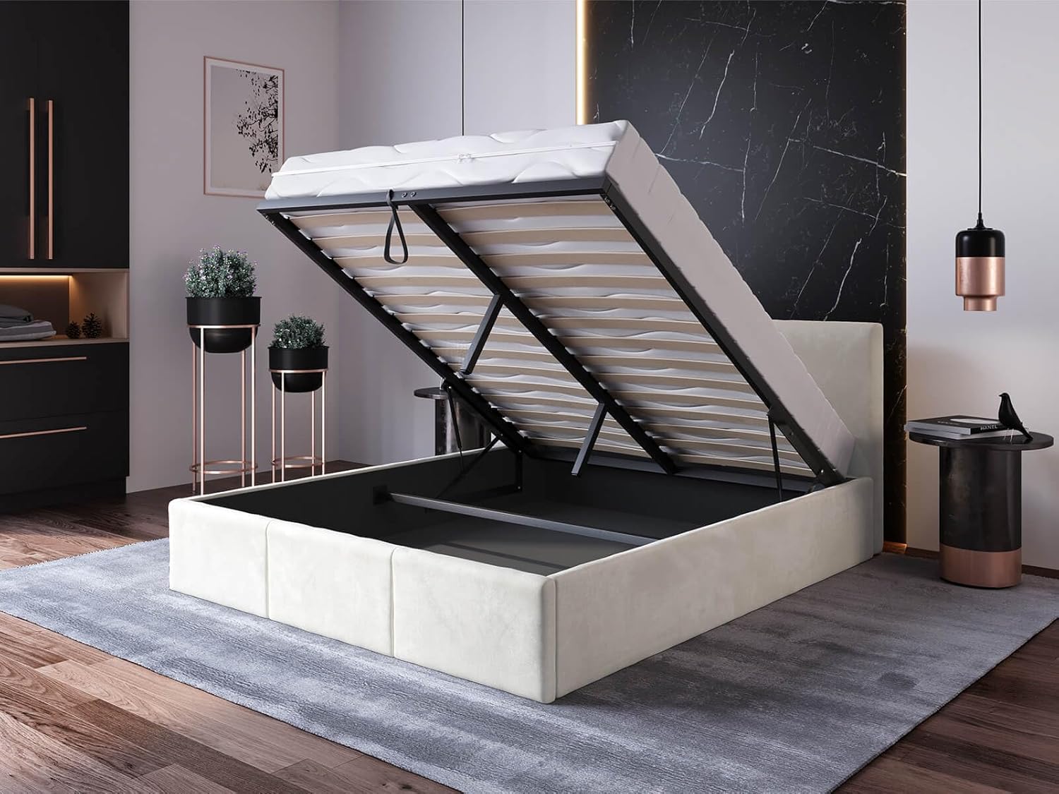 Home Collective Polsterbett, Bett mit Stauraum, Stauraumbett mit Lattenrost gepolstert Bett mit Kopfteil Doppelbett mit Bettkasten | Gasdruckfedern & Metallrahmen, Samtpolsterung | 120×200 cm | Beige