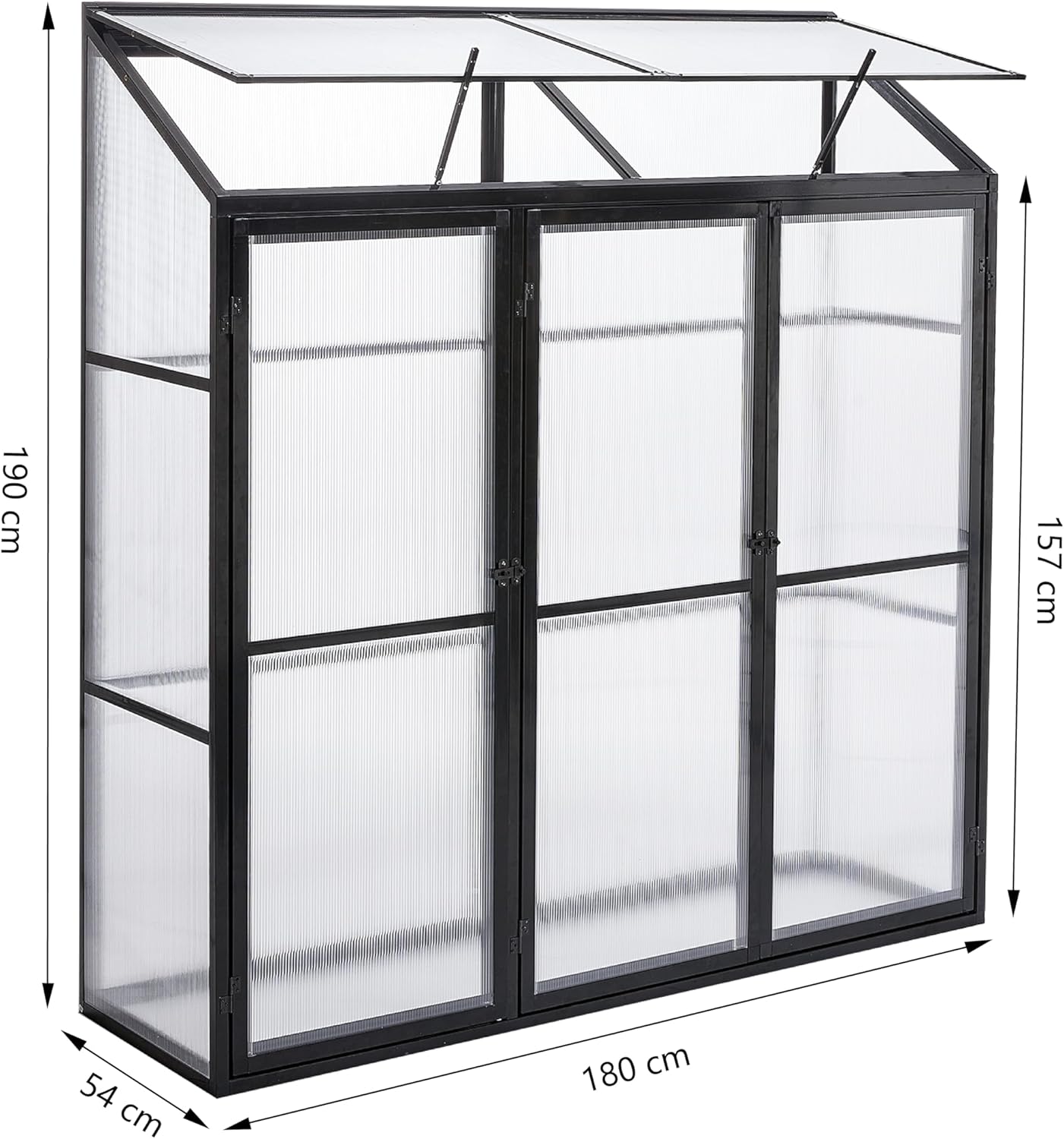 Anlehngewächshaus Aluminium Beistell-Gewächshaus (Schwarz) – 180x54x190cm, 3 Türen & 2 Oberlicht, geeignet für Zitronenbaum-Töpfe, Chrysanthemen & weitere Pflanzen, Greenhouse