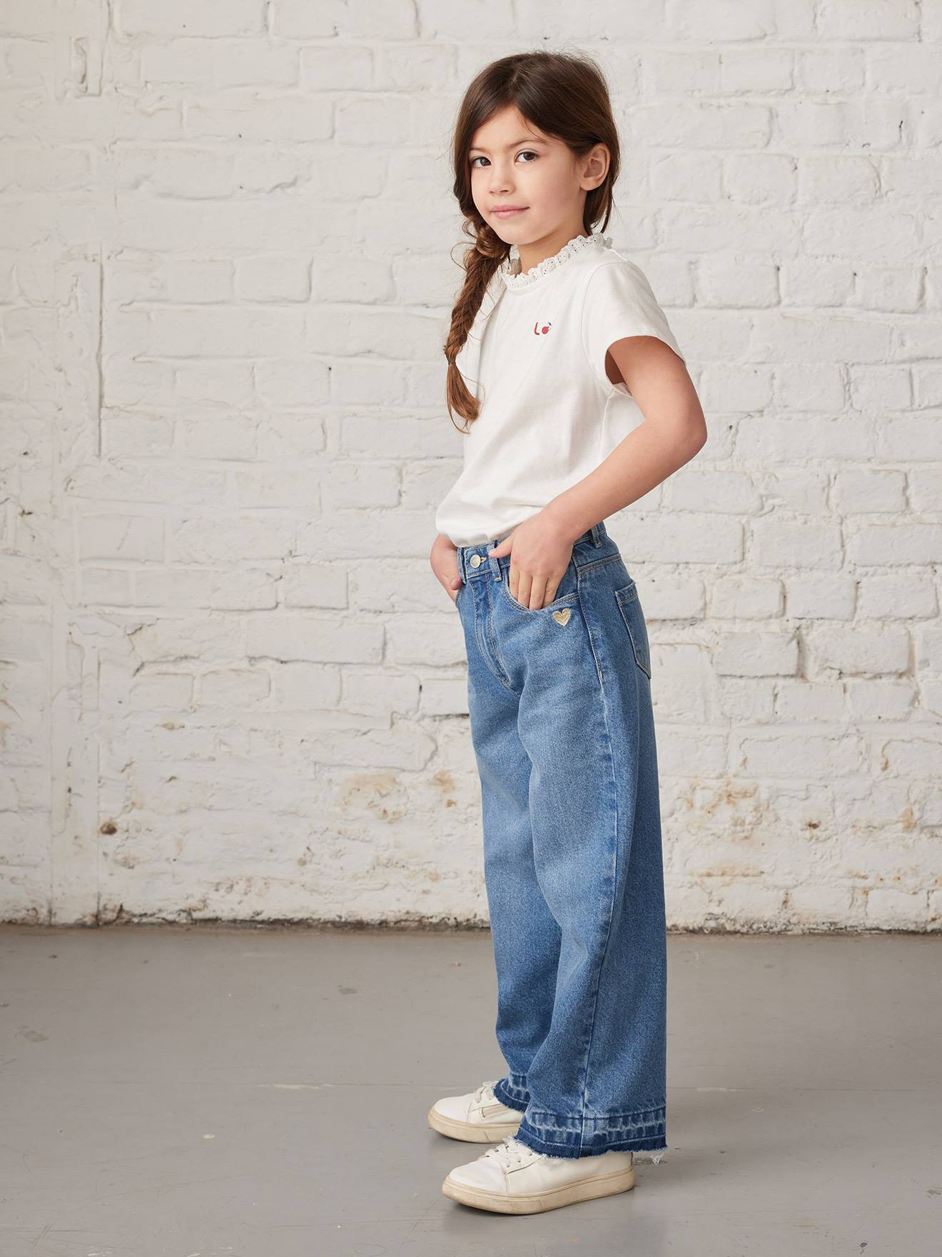 Calça jeans de perna larga com barra desfiada para meninas, jeans azul