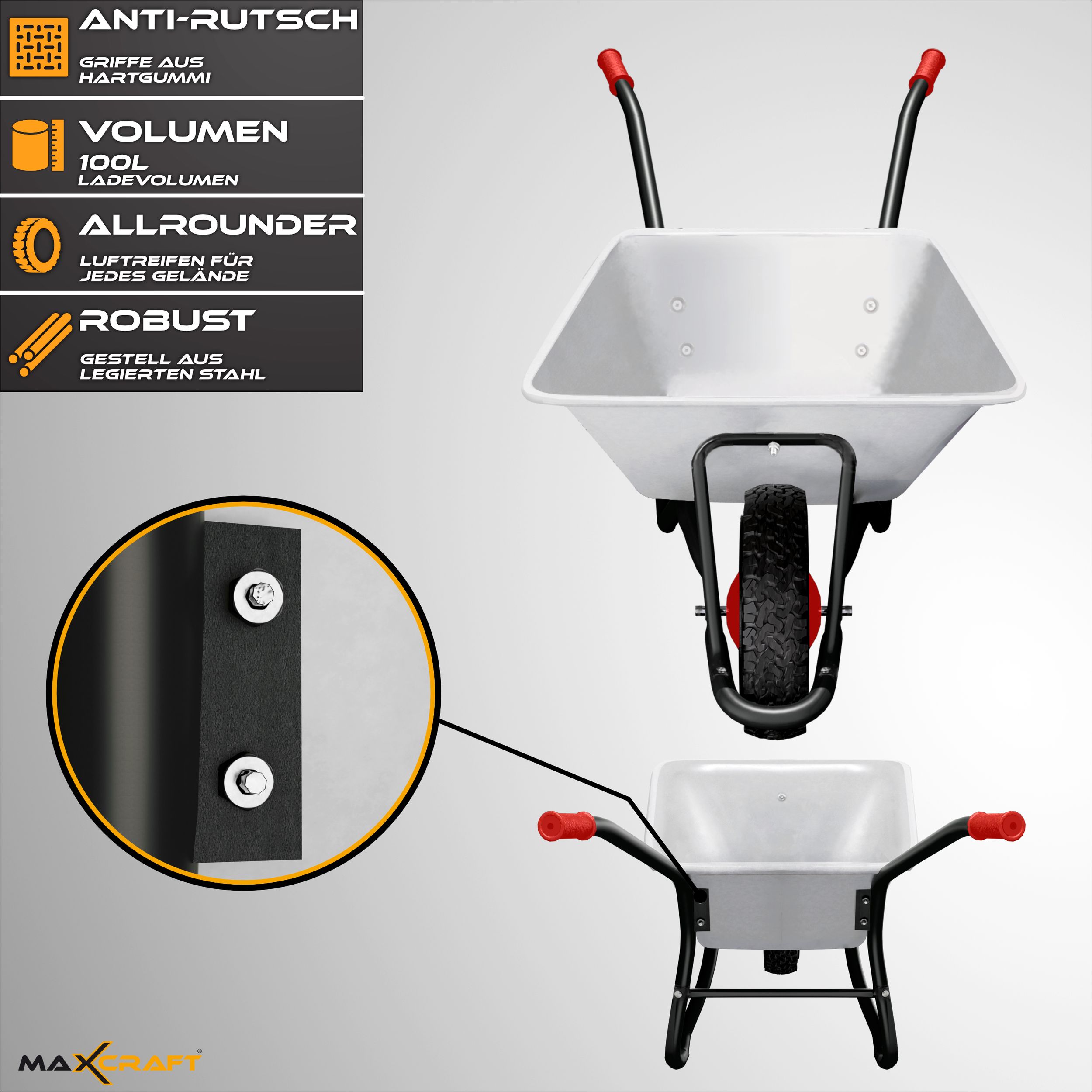 MAXCRAFT Schubkarre / Bauschubkarre Luftbereifung 250 kg 100 L - Schwarz
