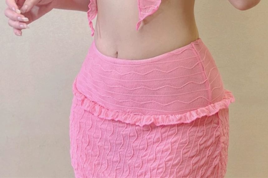 Meisjesbenodigdheden - Set: Halter bikinitop + zwemrok + korte mouwen, kraag en knoopsluiting