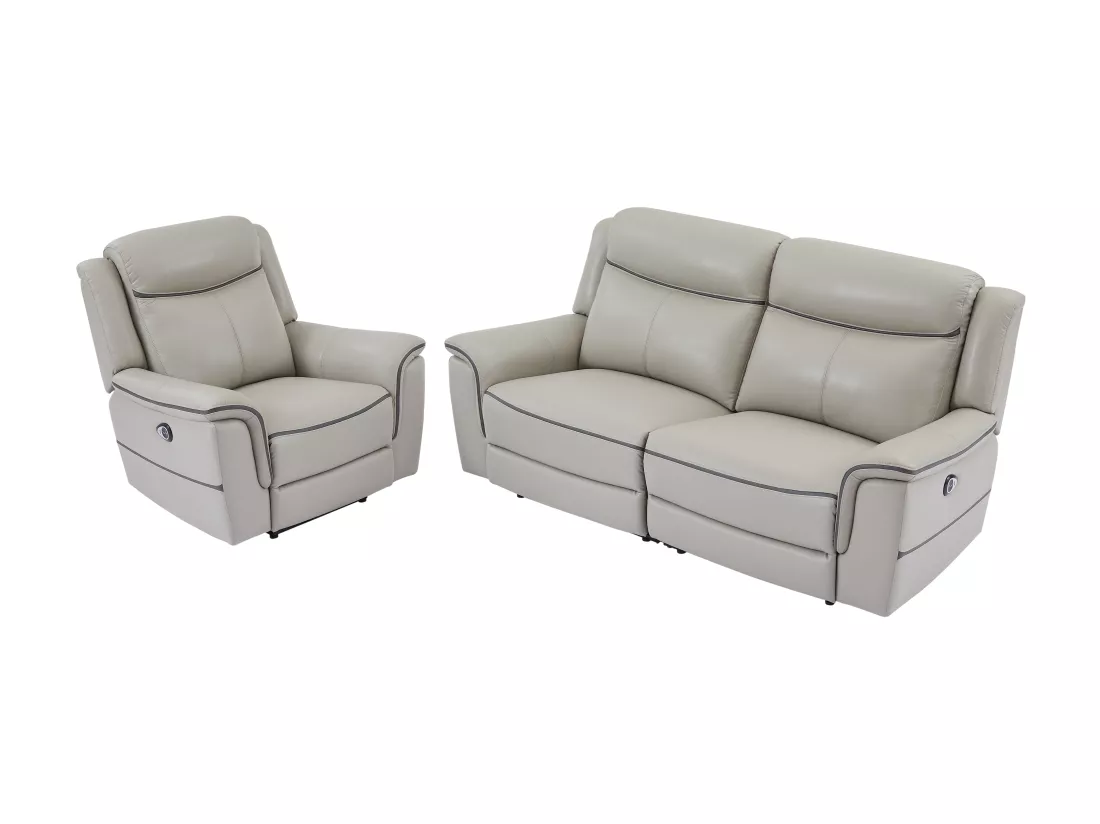 Canapé 3 places et fauteuil relax électrique en cuir gris clair ADELIO