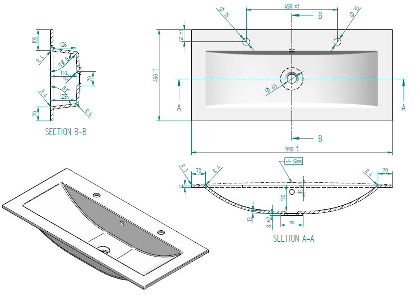 Sanicare Q4 mineraalmarmeren wastafel 99.2x45cm met 2 kraangaten wit