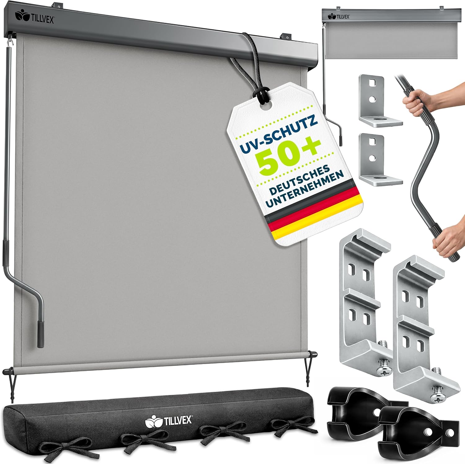 tillvex® Senkrechtmarkise 200 x 250 cm für Außen- und Innenbereich | Außenrollo wasserfest mit Handkurbel für Balkon, Terrasse & Garten | Balkonrollo Sonnenschutz aus Aluminium | Rollo Sichtschutz
