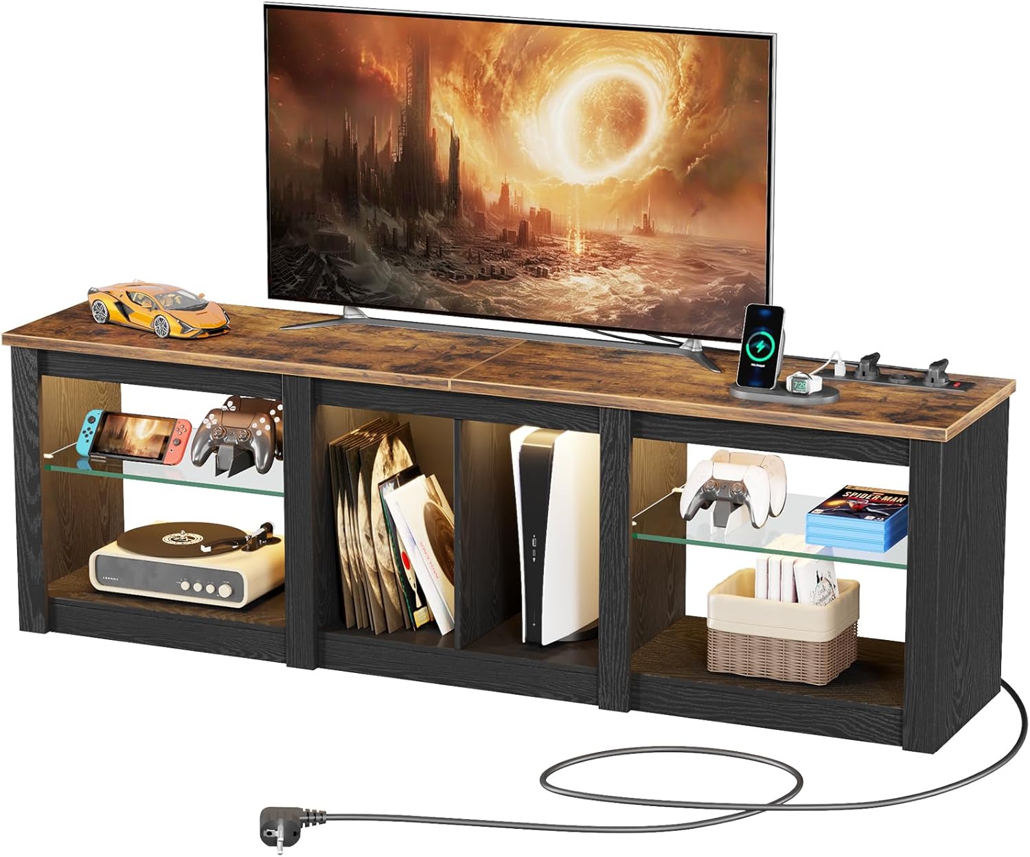OCTORO TV Schrank, 160cm Lowboard mit RGB-LED-Leuchten und Steckdosen, Fernsehschrank mit Abnehmbare Glasablage, Offenen Stauraum, für Wohnzimmer, Schlafzimmer, Schwarz-Vintagebraun