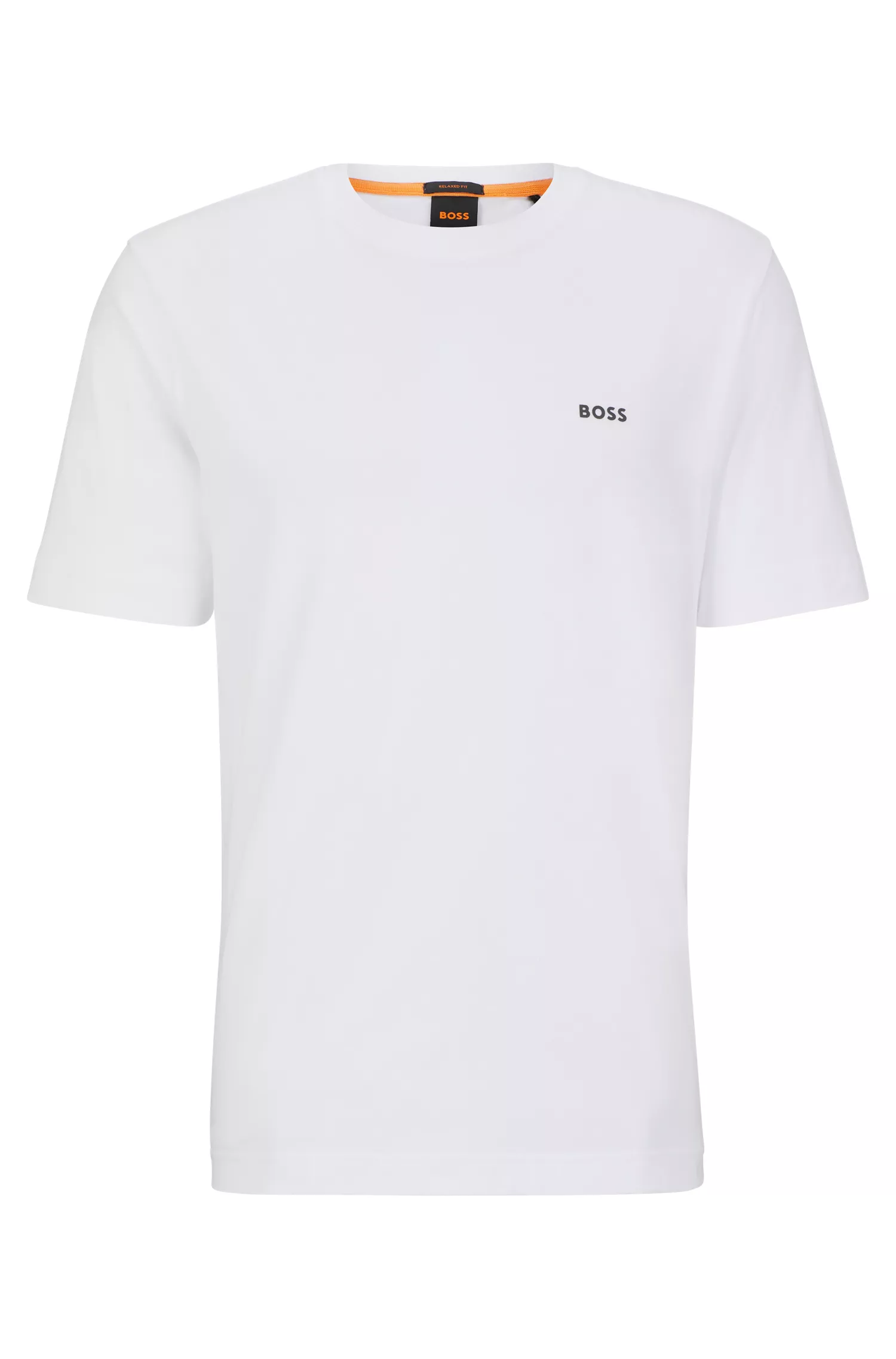 Camiseta BOSS laranja, de algodão com modelagem relaxada e estampas inspiradas em corridas.