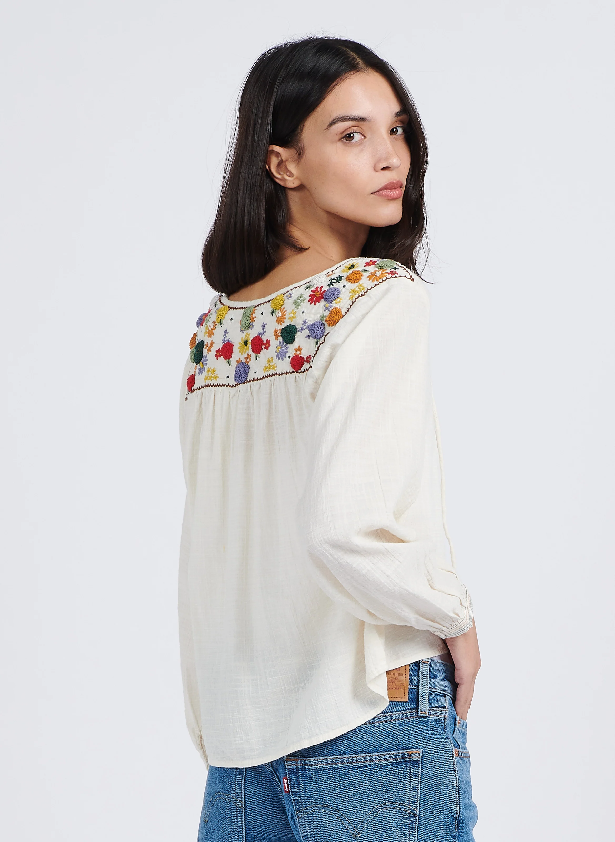 Top droit col rond en coton | Blanc