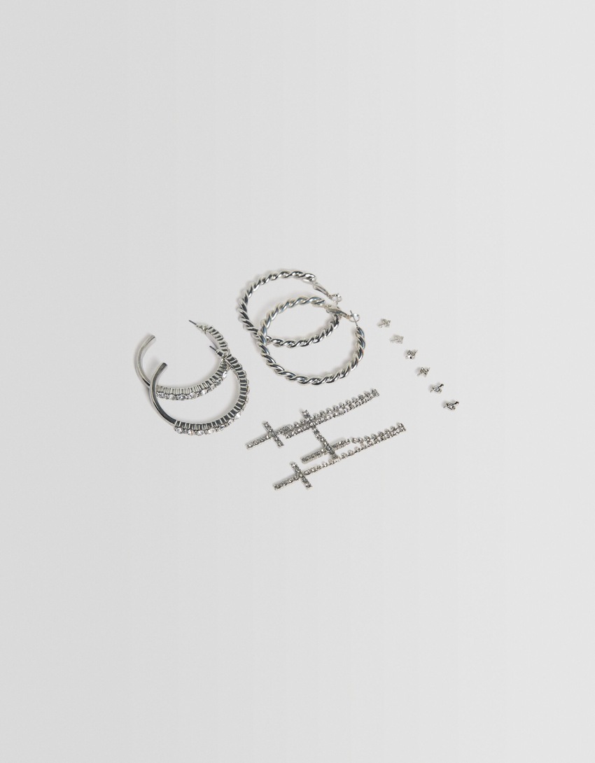 Conjunto de 6 pares de brincos de cruz com strass
