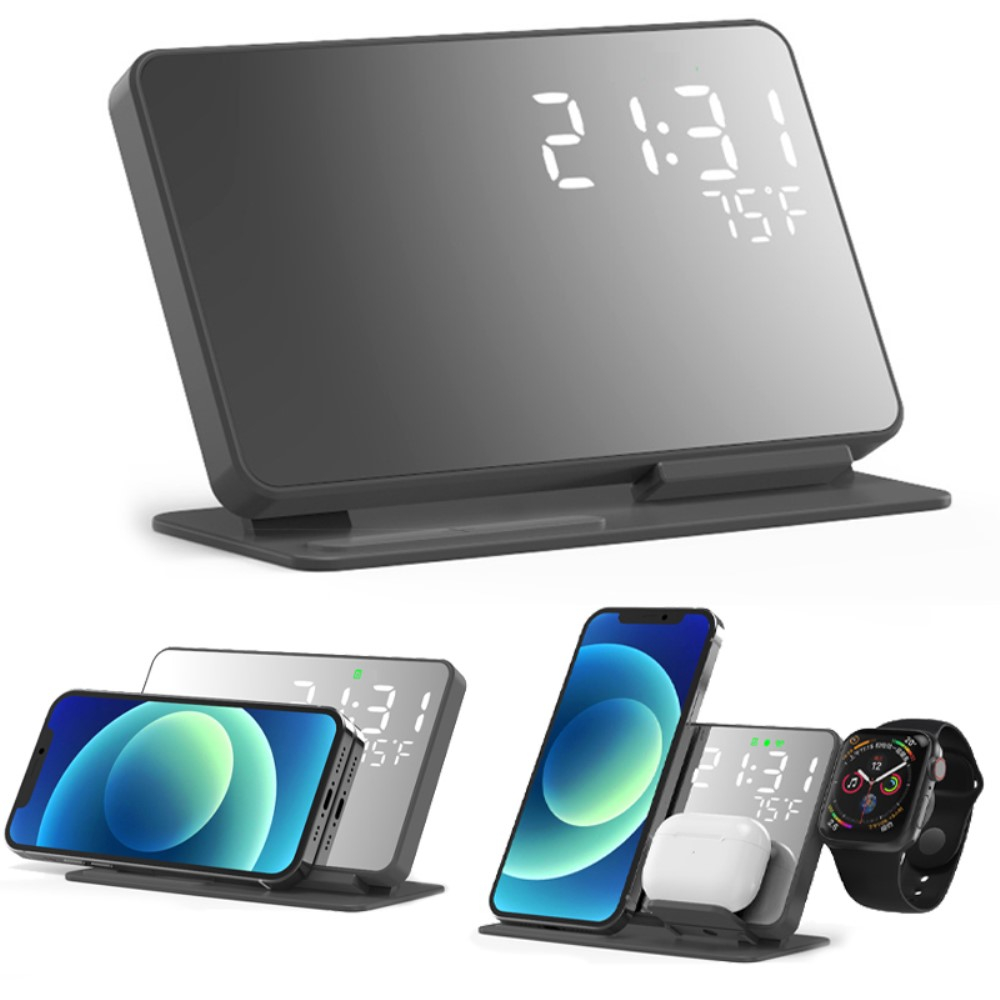 (15W) 4in1 Ladegerät Qi Wireless Charger für Smartphones / Apple Airpods / Apple Watch Ladestation mit Wecker und Temparaturanzeige - Schwarz