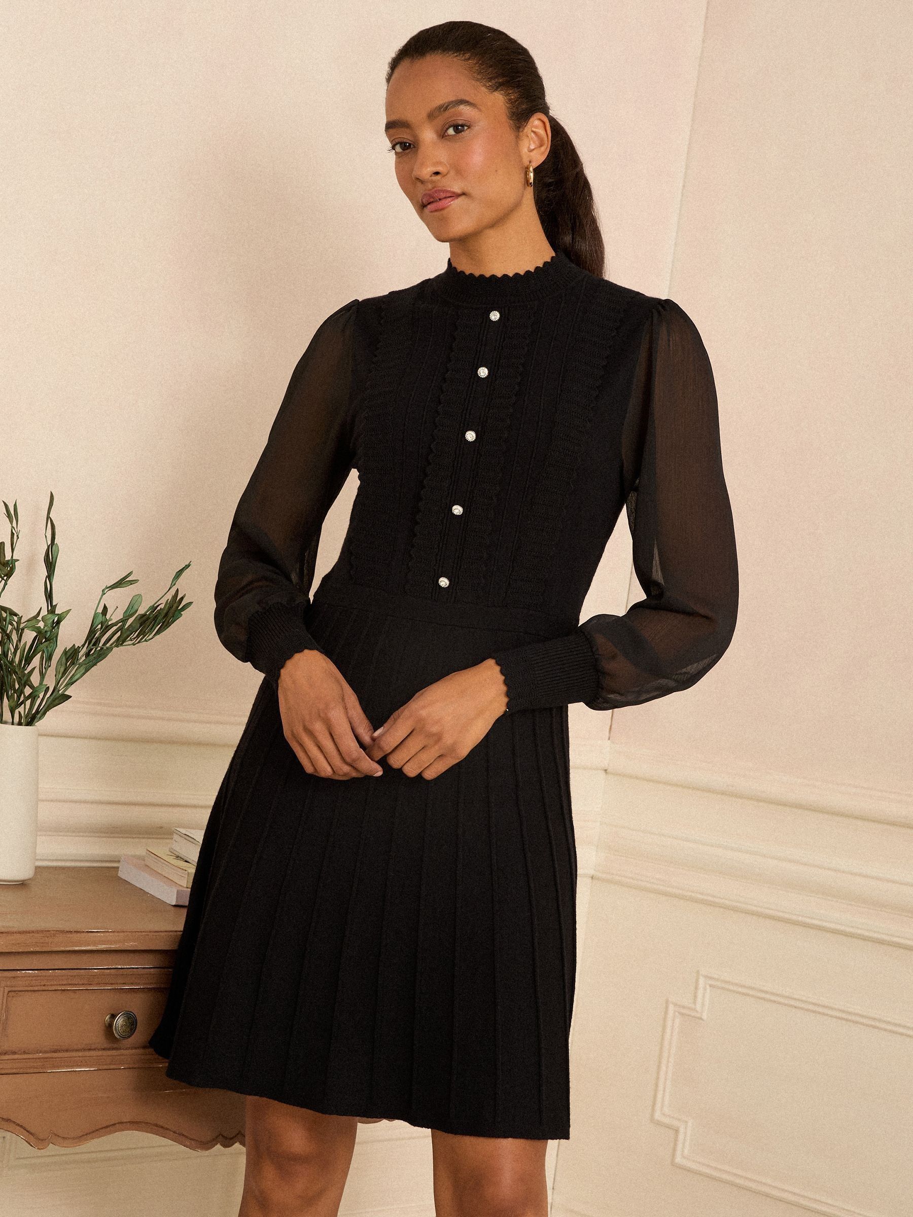 Zwart met trechterkraag - Love & Roses gebreide mini-jurk met chiffon mouwen