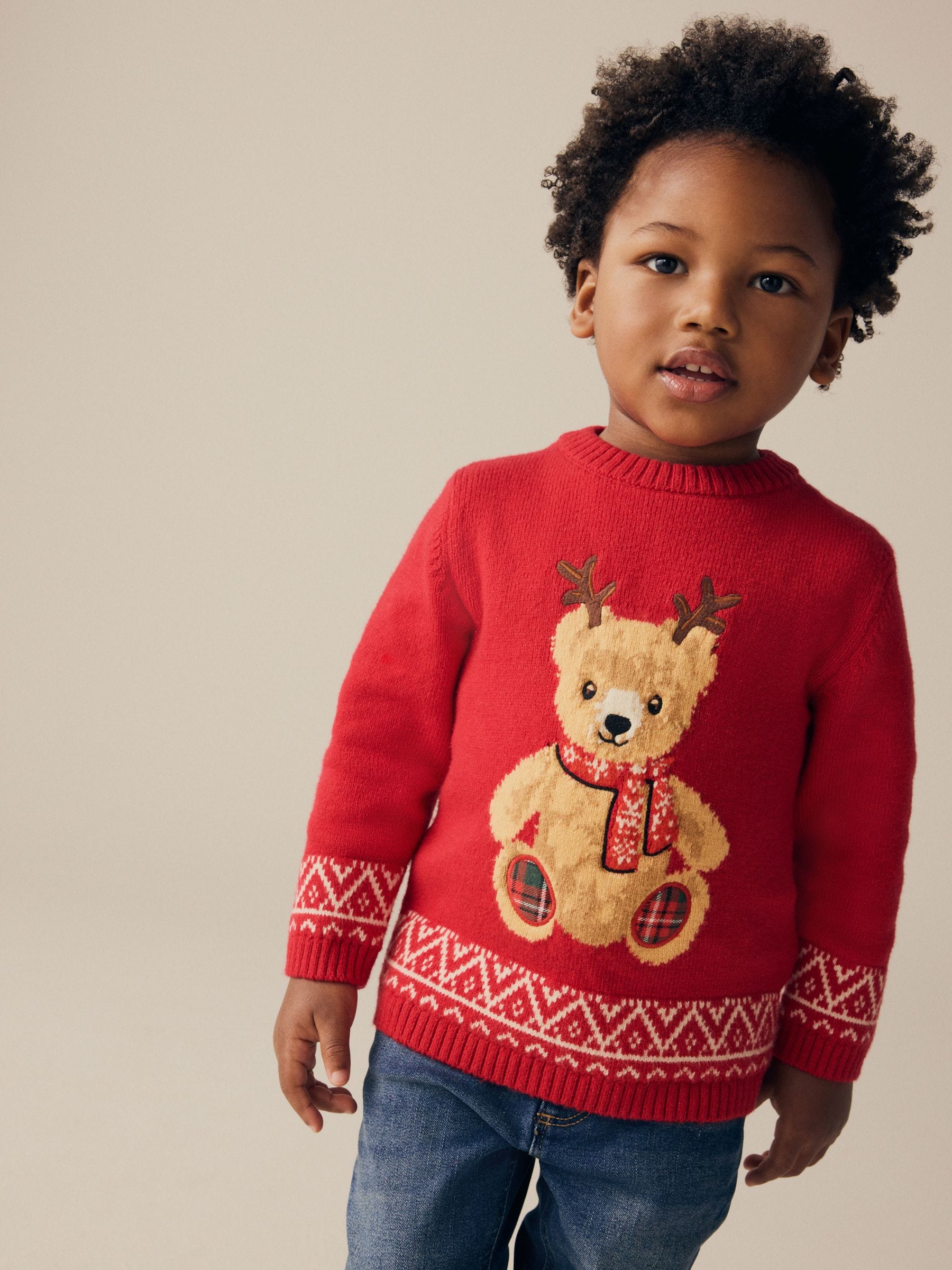Rood met beer - Kersttrui met ronde hals (3 mnd - 7 jr)