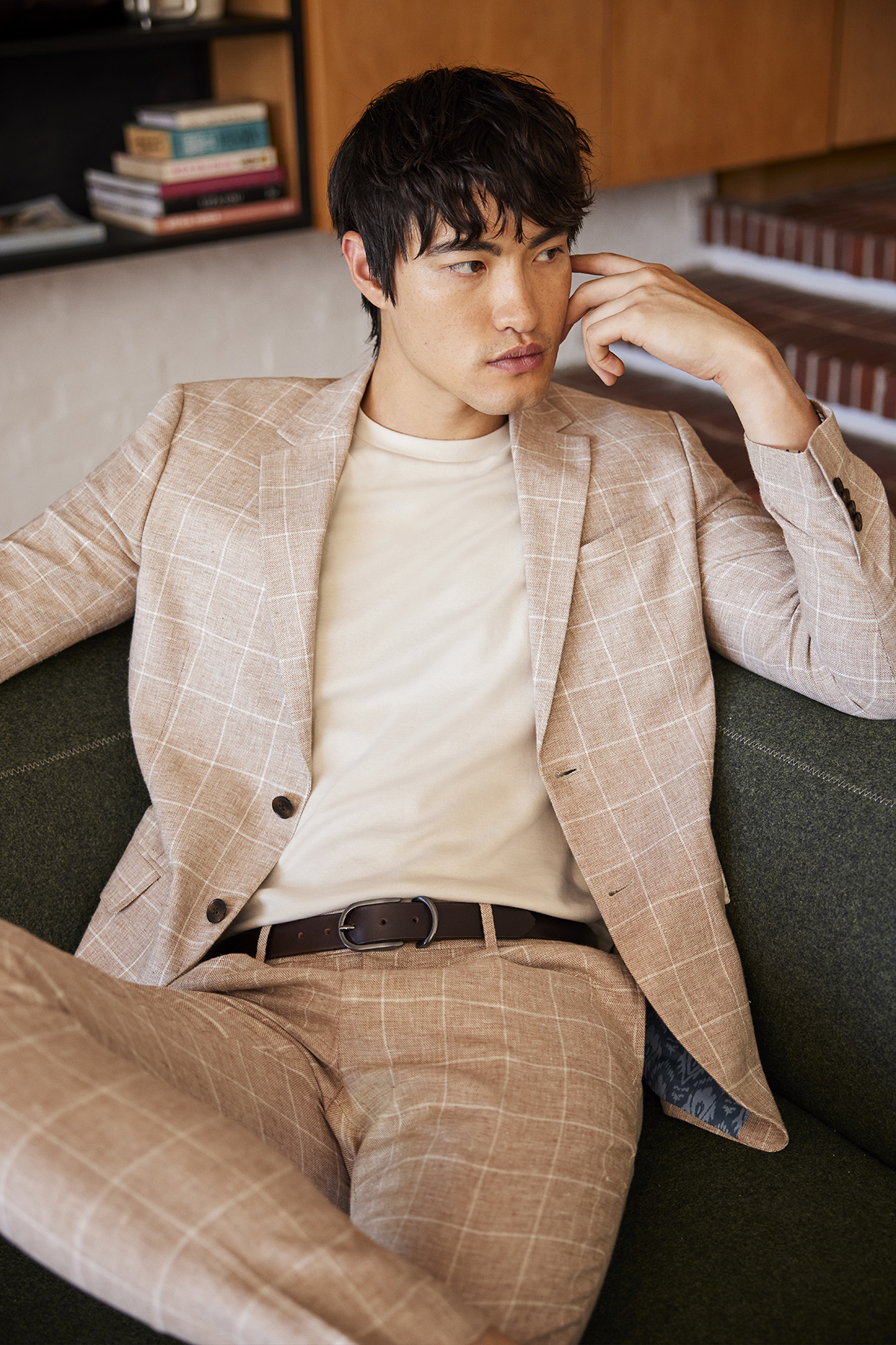 slim fit blazer van linnenmix WE Fashion Beige