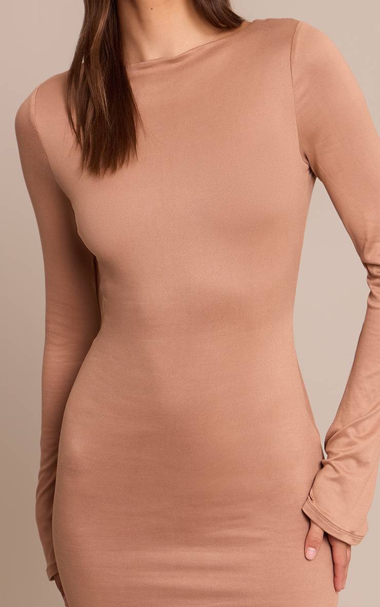 Taupe Robe Moulante À Manches Longues En Jersey Doux Au Toucher