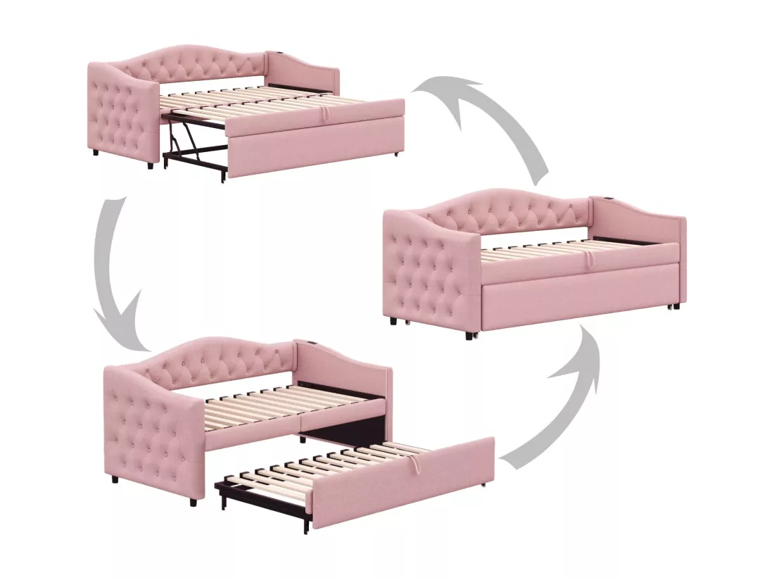 Lit gigogne 90x200cm & 90x190cm en lin - avec port USB et sommier à lattes - Rose