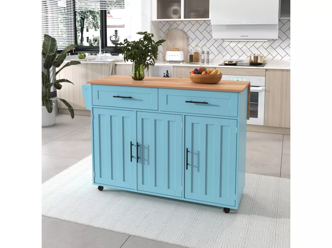 Desserte de cuisine, Chariot de table 129x76x91,5cm, plateau rabattable, étagères intérieures, îlot de cuisine, blanc + bleu