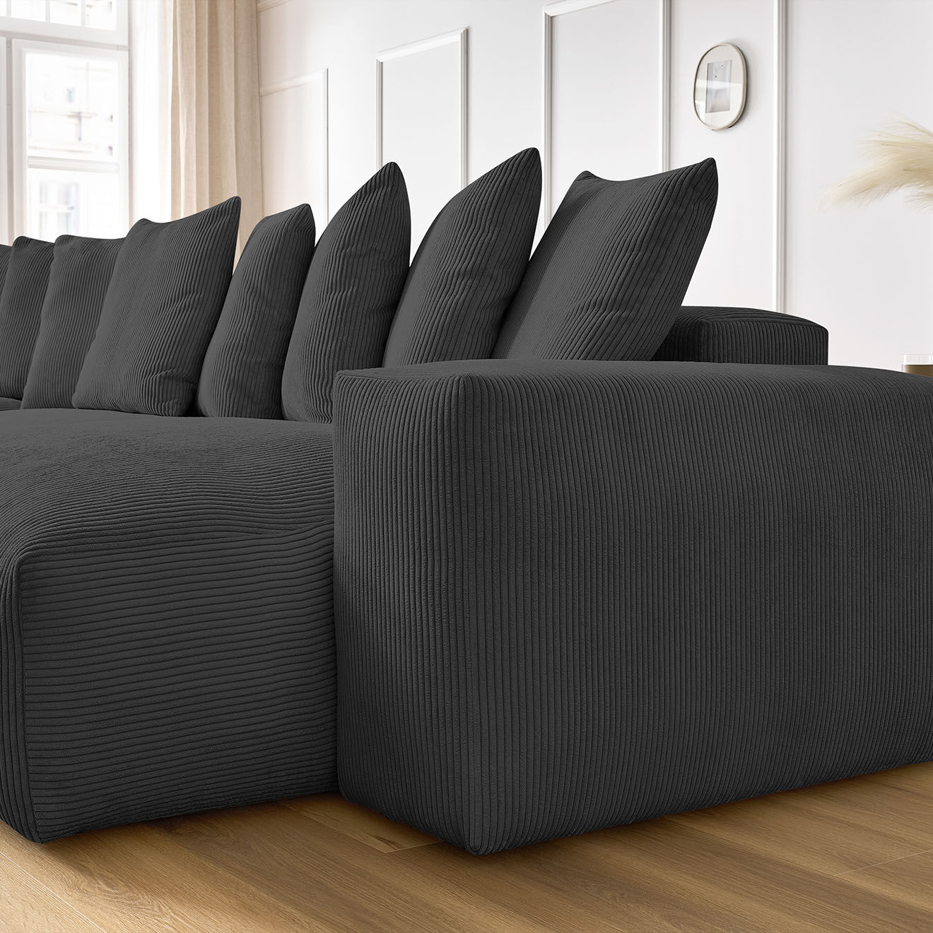 Bobochic Canapé panoramique fixe ultra moelleux voltaire velours côtelé gris foncé - 420x174x75 cm
