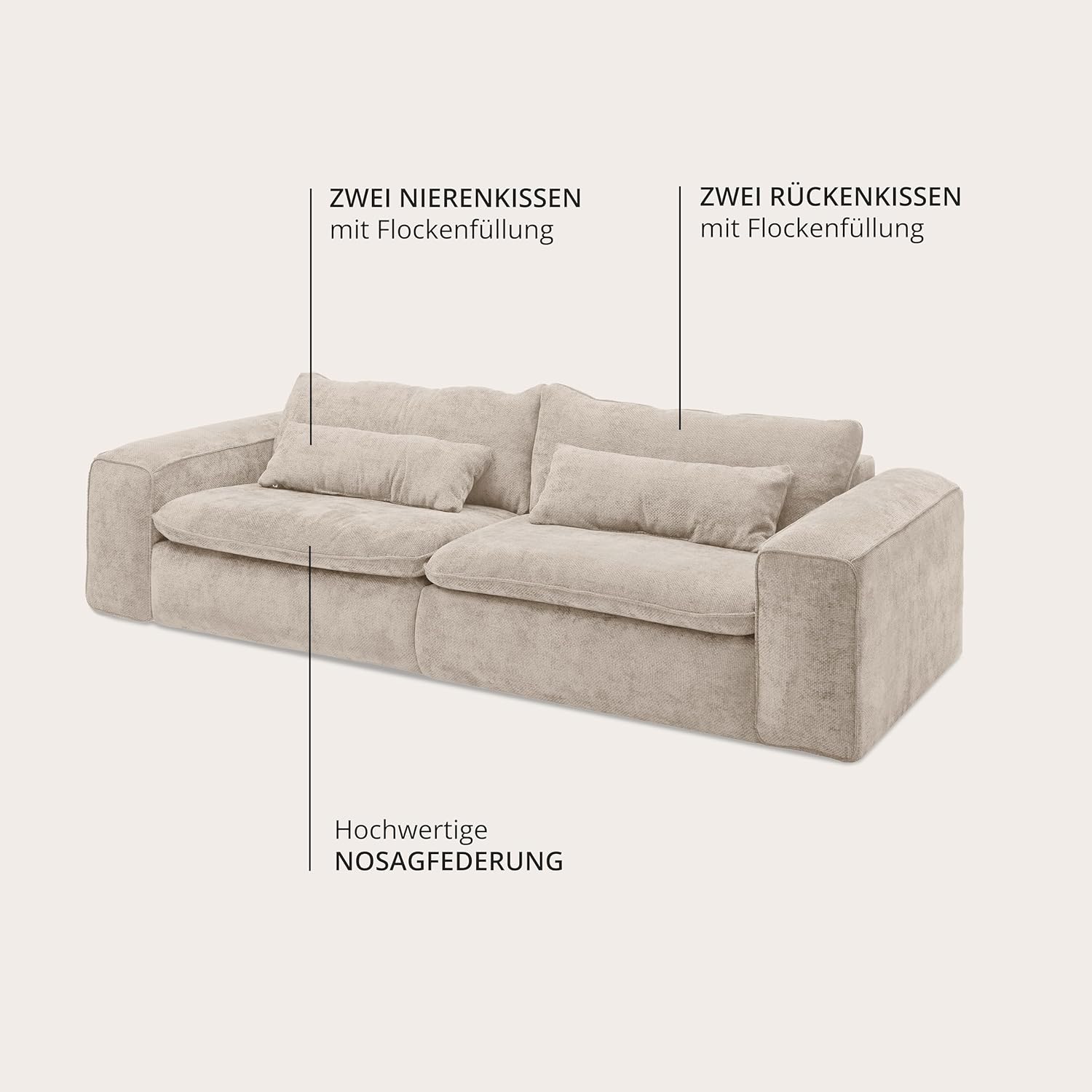 Big Sofa 300 cm breit, Modell Vince, Tiefe Sitzfläche, pflegeleichter Stoffbezug, Nosagfederung, Rücken echt bezogen, mittlere Sitzhärte, inkl. 2 Rückenkissen, 2 Nierenkissen, Taubengrau