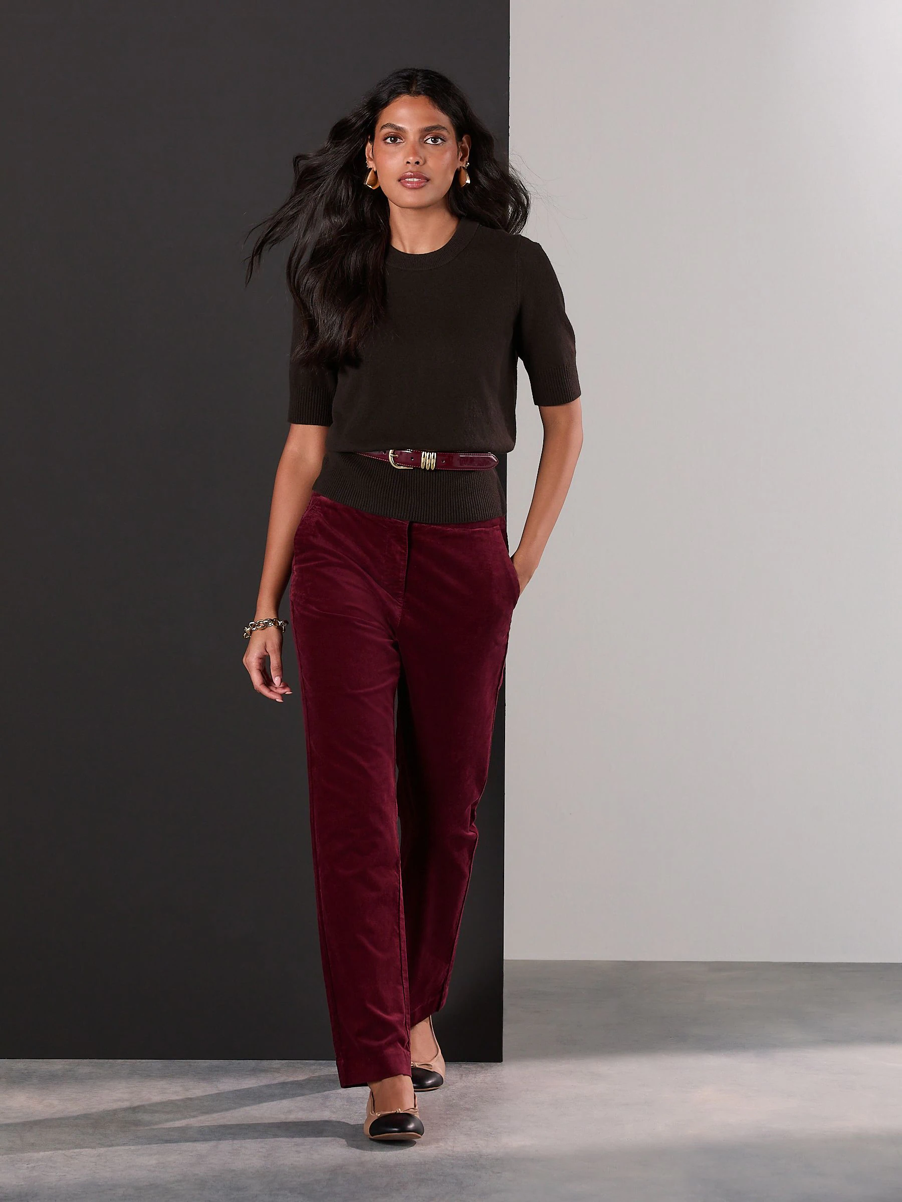 Bordeauxrood - Velvet Straight Leg Trousers
