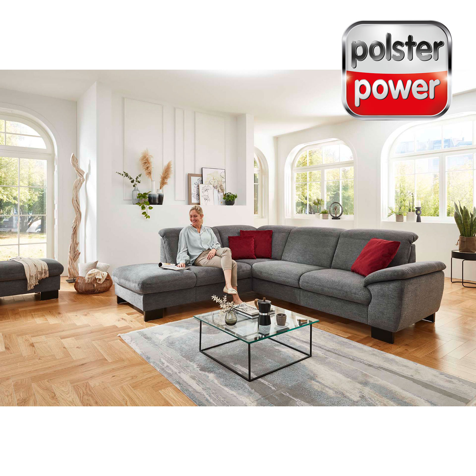 polsterpower Ecksofa - anthrazit - Basisversion - Anstellhocker links