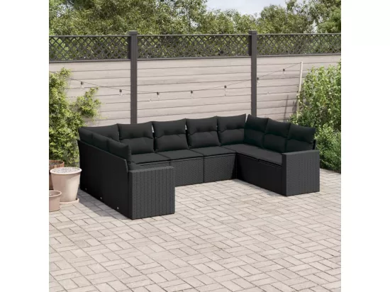 Salon de jardin 9 pcs avec coussins noir résine tressée