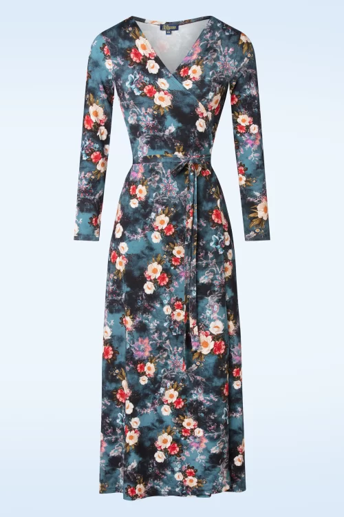 LaLamour Lauren Wild Rose maxi wikkeljurk in staalblauw