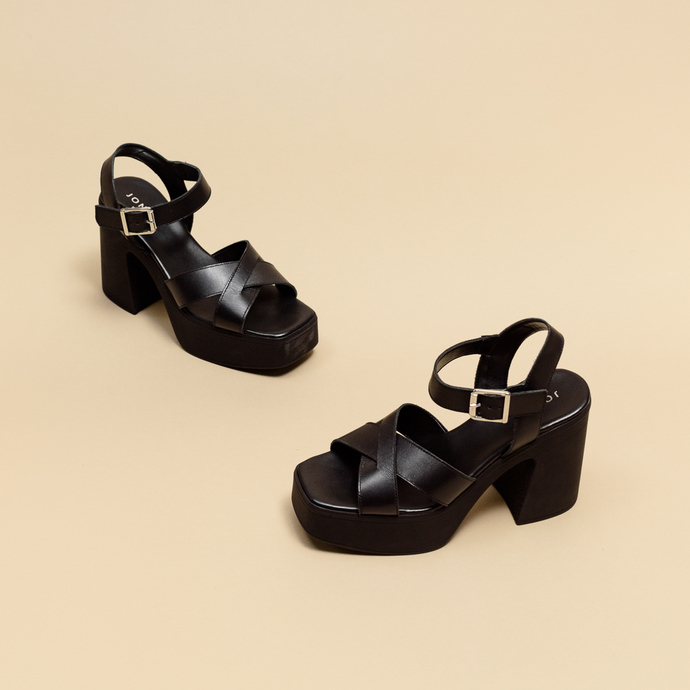 Sandales à brides croisées et plateformes  en cuir noir