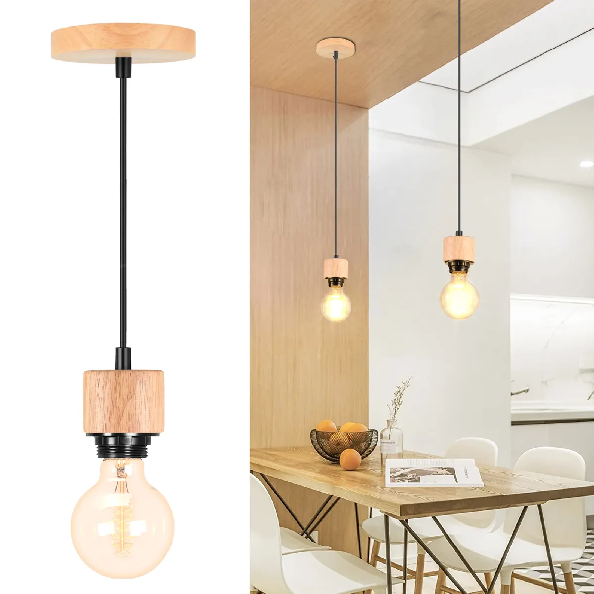 Stoex (2X) Suspension Luminaire Rétro Lustre Simple D'Intérieur Suspension Lustre En Bois E27 Pour Couloir De Cuisine De Chambre À Coucher