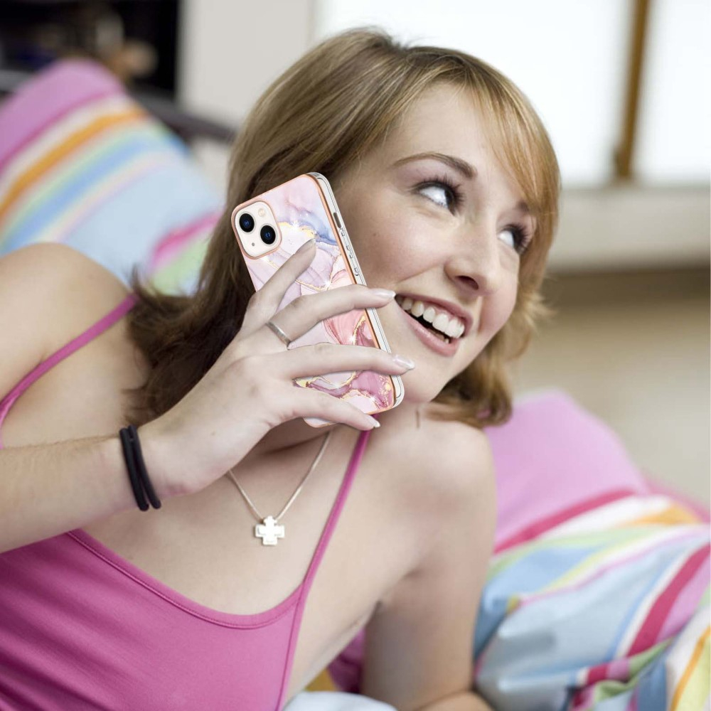 iPhone 14 Gummi Case Hülle Galvanisierter Rahmen Marble Marmor Design - Rosa / Roségold