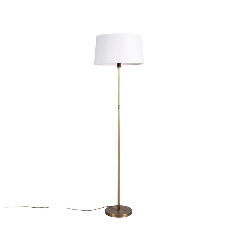 QAZQA - Landhuis I Vintage I Rustieke bronzen vloerlamp I Staande lamp I Staande lamp I Lamp I Lamp met linnen kap Wit 45 cm Verstelbaar - Deel I Woonkamer I Slaapkamer - Staal Rond I Langwerpig